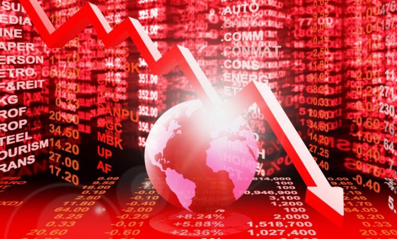 A red, downward-trending arrow overlays a digital background of global stock market data, with a glowing globe at the center, symbolizing a sharp global financial downturn.