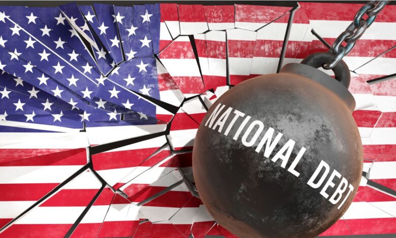 Wrecking ball labeled 'National Debt' smashing through the American flag, symbolizing the financial burden and economic impact of rising U.S. federal debt.