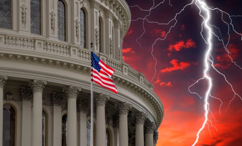 U.S. Capitol building with American flag waving in front of a dramatic red sky and lightning strike, symbolizing political turmoil, government crisis, national tension, and stormy legislative conflict in Washington, D.C.
