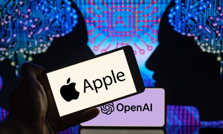 Apple and OpenAI logos displayed on smartphones with AI-themed digital brain background, symbolizing collaboration in artificial intelligence technology.