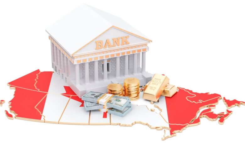 Stacks of cash and gold in front of Bank of Canada building.