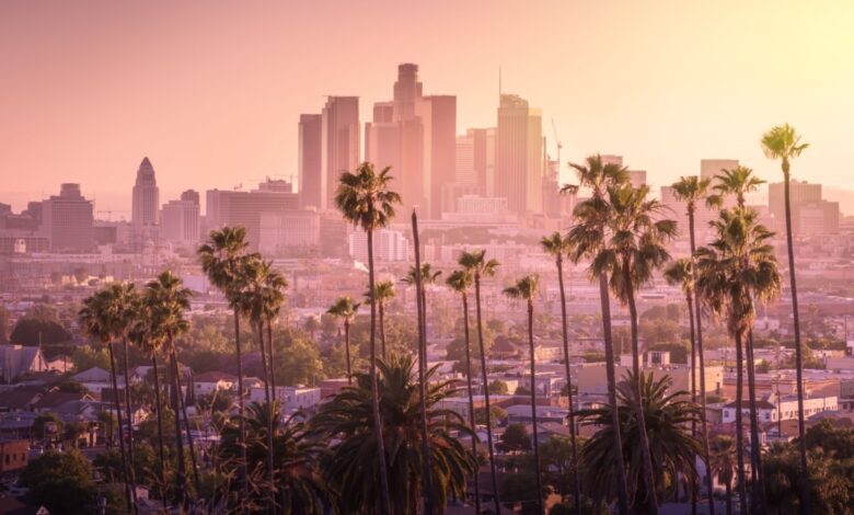 Scenic view of downtown Los Angeles skyline at sunset with tall palm trees in the foreground, modern skyscrapers in the background, and a warm orange-pink sky, symbolizing Southern California lifestyle, urban landscape, real estate, and tourism in Los Angeles, California.