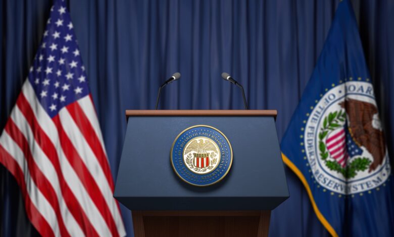 3d illustration of the Federal Reserve press conference podium with United States and Federal Reserve flags in the background.