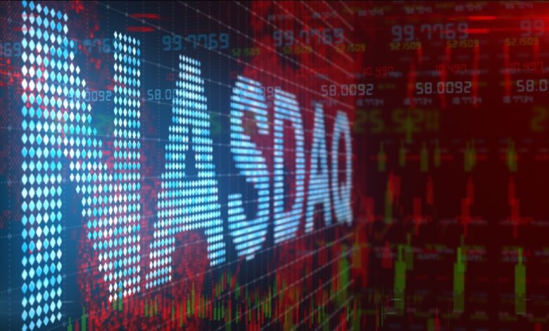 Digital display showing the NASDAQ logo with stock prices and candlestick chart overlays, representing US tech market performance and trading activity.