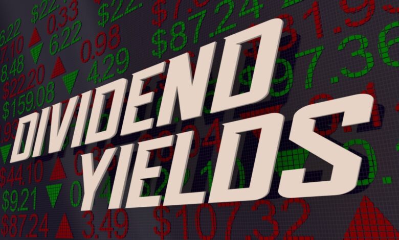 Dividend yields sign on stock market ticker stream.