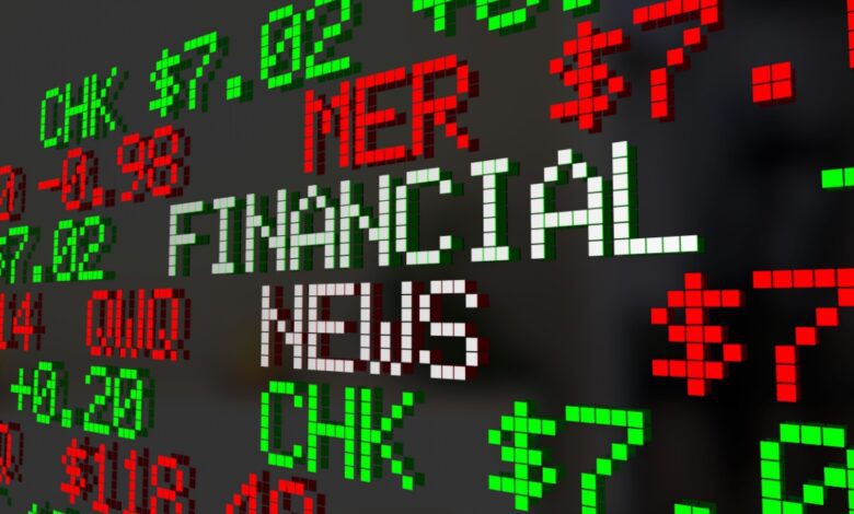 Digital stock ticker display showing financial news with red and green stock prices, representing market updates and trading information.