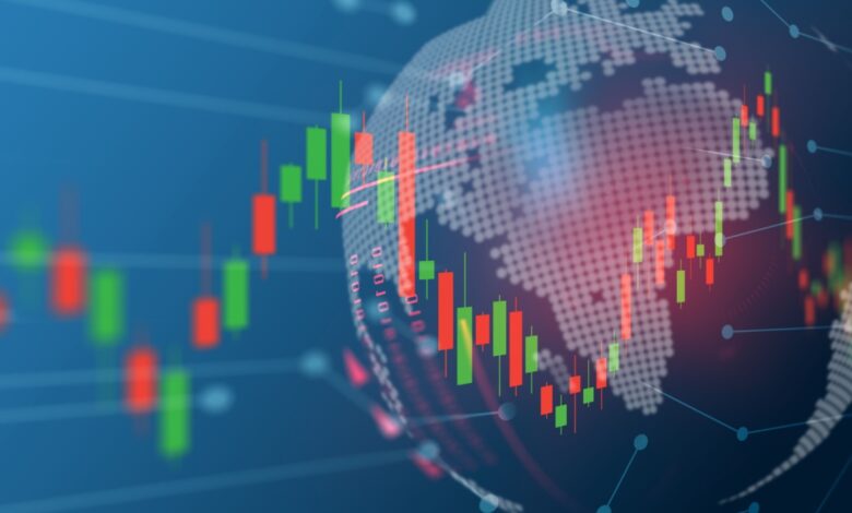 Global stock market data with candlestick chart overlay on digital world map, representing international trading and financial analytics.