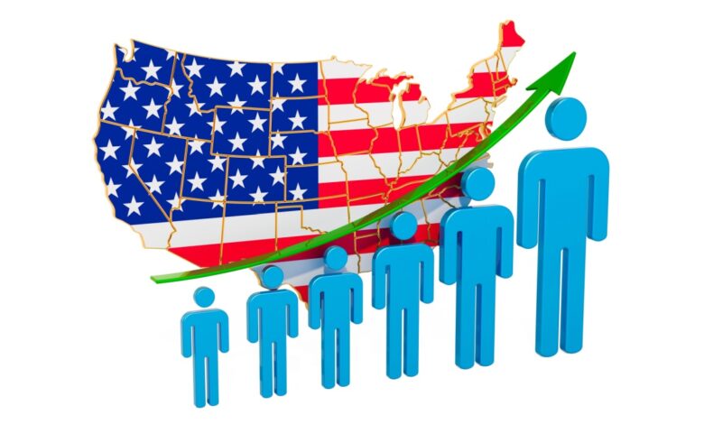Rising population growth in the United States illustrated by blue human icons increasing in size in front of a U.S. map with an upward green arrow.