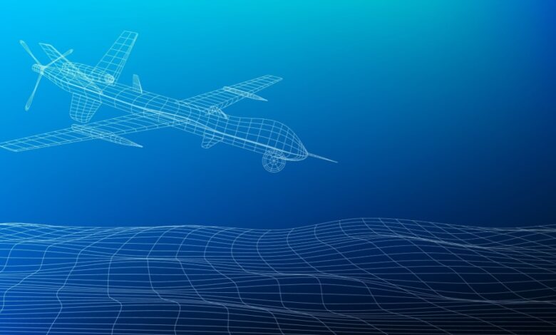 Wireframe illustration of a military drone flying over a digital terrain, symbolizing advanced aerial surveillance, unmanned technology, and modern warfare systems.