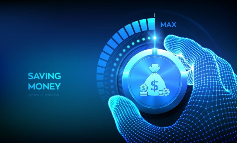 Futuristic digital interface with glowing wireframe hand turning a dial to maximize savings, representing financial technology and smart money management.