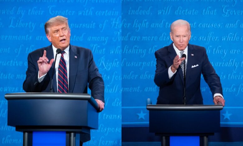Donald Trump and Joe Biden debate on state in front of a blue background.