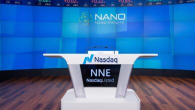 A podium at the Nasdaq stock exchange, with the words NNE just listed on the front, sits empty following the Nano Nuclear Energy stock IPO.