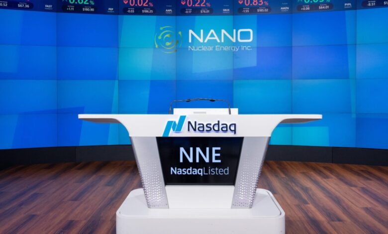 A podium at the Nasdaq stock exchange, with the words NNE just listed on the front, sits empty following the Nano Nuclear Energy stock IPO.