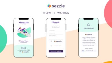 The three stages of the Sezzle online checkout process shown on three smartphones side by side.