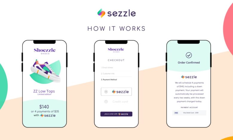 The three stages of the Sezzle online checkout process shown on three smartphones side by side.