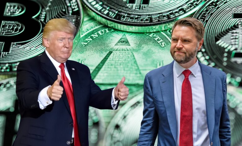 Donald Trump holding two thumbs up stands next to his VP pick J.D. Vance with crypto coins and part of a U.S. dollar bill in the background.