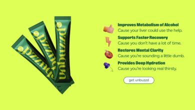 Three green packs of unbuzzd on a yellow background.