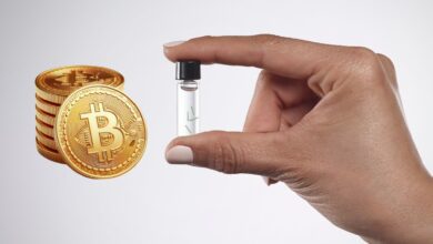 Stack of Bitcoin next to a hand holding biotech vial.