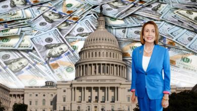 Nancy Pelosi in front of U.S. Congress with money in background.