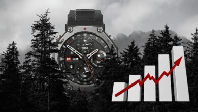 Oversized smartwatch towers over evergreen forrest trees, next to white and red upward chart.