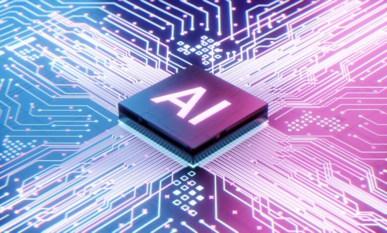 AI chip on blue and pink computer motherboard.