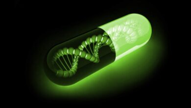 Black and green pill with dna inside.
