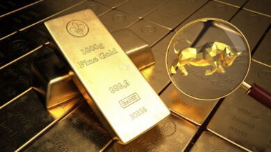 Gold bars next to a gold bull under a magnifying glass.
