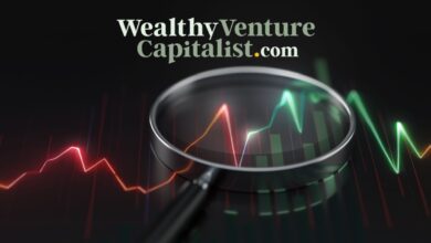 Wealthy Venture Capitalist logo above stock chart and magnifying glass.