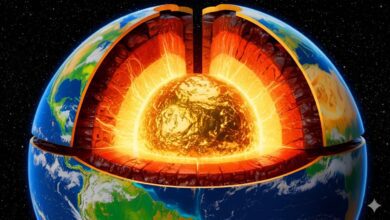 Cross section of Earth showing solid gold core.