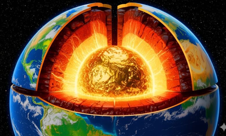 Cross section of Earth showing solid gold core.
