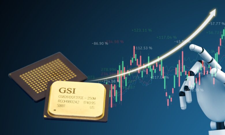 GSI Technology chip next to 3d illustration of A.I. machine hand pointing at stock chart.