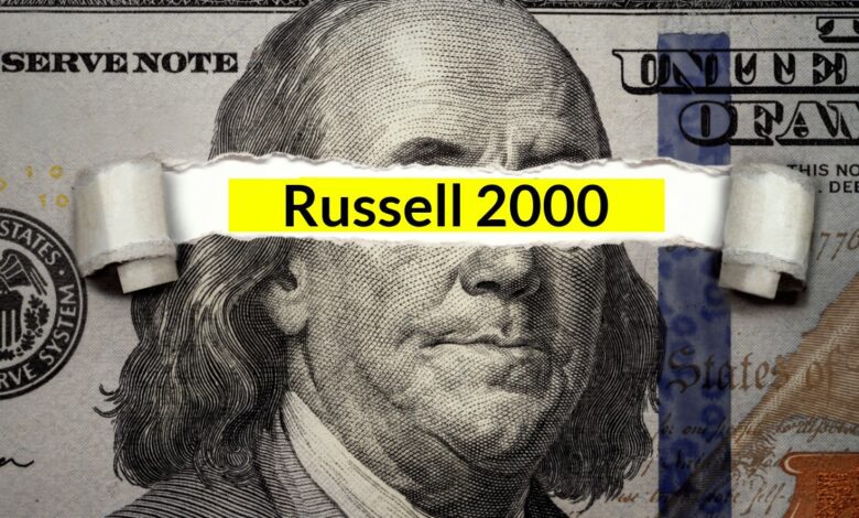 The words "Russell 2000" underneath ripped U.S. dollar bill.