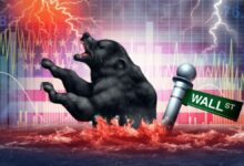 Illustration of a roaring black bear sinking in the turbulent red water, symbolizing a bearish stock market. The background features lightning, volatile financial charts, and a tilted Wall Street sign, representing market instability and downturn.