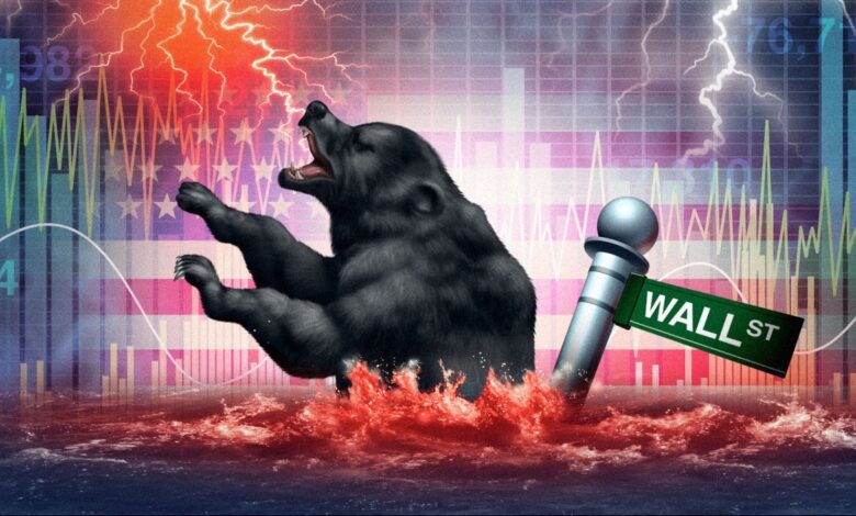 Illustration of a roaring black bear sinking in the turbulent red water, symbolizing a bearish stock market. The background features lightning, volatile financial charts, and a tilted Wall Street sign, representing market instability and downturn.