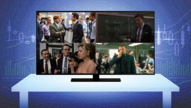 A TV screen on a desk displays four iconic scenes from popular stock market-related movies. The background features a digital stock market chart with blue tones and candlestick graphs. The movies shown include The Big Short (top left), Glengarry Glen Ross (top right), Wall Street (bottom left), and Boiler Room (bottom right).