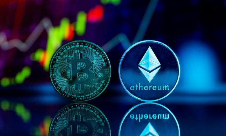 Bitcoin and Ethereum crypto coins with bullish trading chart in the background, representing rising digital asset market trends.