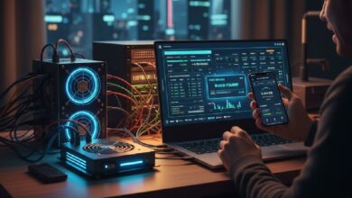 A man sitting at his computer holding a smartphone next to his Bitcoin mining rig after successfully mining a block.