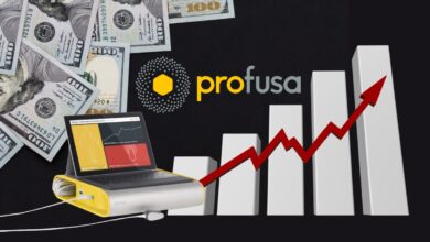 Profusa investment growth concept with medical device, rising chart, and US dollar bills symbolizing financial and technological advancement.