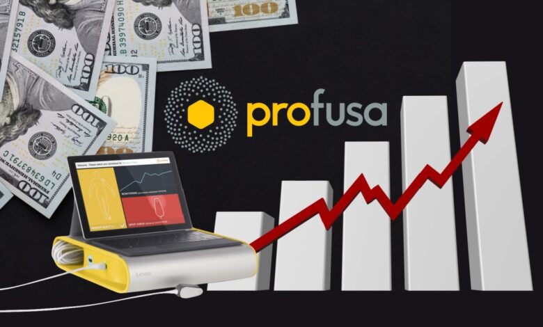 Profusa investment growth concept with medical device, rising chart, and US dollar bills symbolizing financial and technological advancement.
