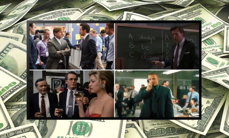 A collage of scenes from four stock market movies, featuring office settings and business meetings, with people in suits talking or presenting, overlaid on a background of U.S. dollar bills.