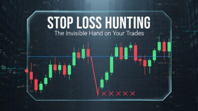 Stop loss hunting concept with candlestick chart showing price manipulation and triggered stop-loss orders, highlighting market volatility and trading strategies.