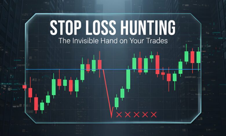 Stop loss hunting concept with candlestick chart showing price manipulation and triggered stop-loss orders, highlighting market volatility and trading strategies.