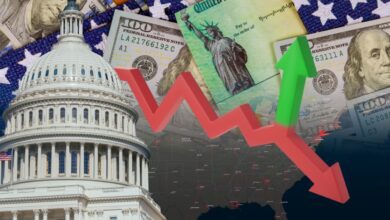 U.S. Capitol building with dollar bills, stimulus check, and fluctuating red and green arrows symbolizing economic volatility, government spending, and financial policy impact.