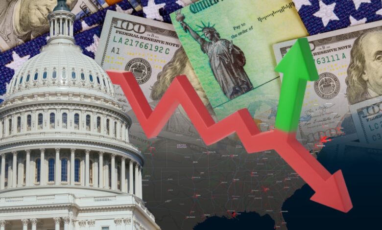 U.S. Capitol building with dollar bills, stimulus check, and fluctuating red and green arrows symbolizing economic volatility, government spending, and financial policy impact.