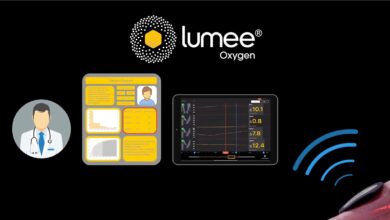 Graphic showing the Lumee Oxygen system with a doctor icon, patient report, tablet displaying oxygen data, and a wearable sensor sending wireless signals.