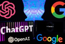 A digital illustration representing AI competition, featuring the logos of OpenAI and Google. The image shows ChatGPT, OpenAI, Google, and Gemini 3 logos on screens, with silhouetted human profiles and a glowing AI circuit graphic in the background, symbolizing the rivalry between major AI platforms.
