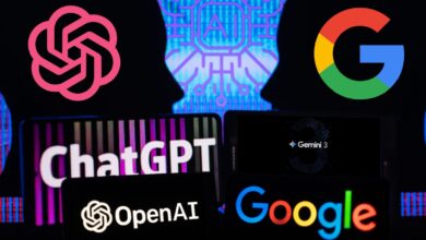 A digital illustration representing AI competition, featuring the logos of OpenAI and Google. The image shows ChatGPT, OpenAI, Google, and Gemini 3 logos on screens, with silhouetted human profiles and a glowing AI circuit graphic in the background, symbolizing the rivalry between major AI platforms.