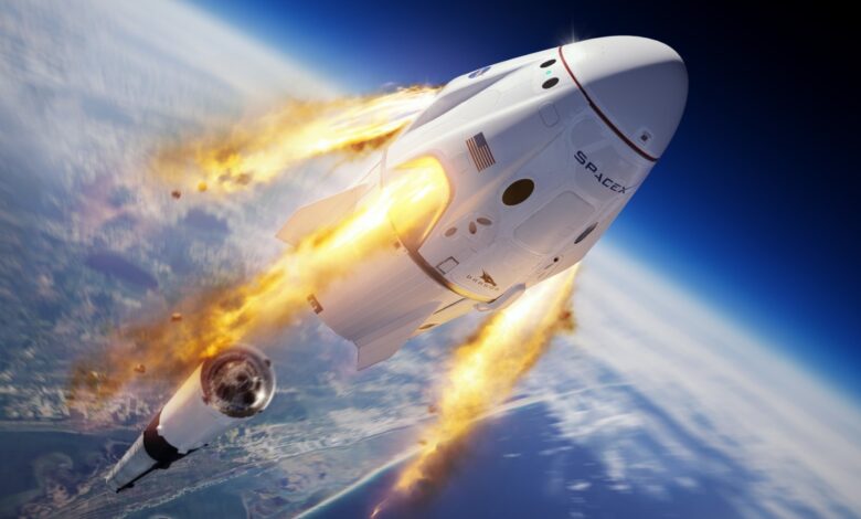 SpaceX rocket capsule ascending through the atmosphere with fiery boosters igniting and lower stage detaching, Earth’s surface visible far below against a backdrop of space.