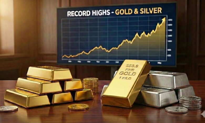 Stacks of gold and silver bars with coins on a wooden table in front of a chart showing record highs in gold and silver prices.