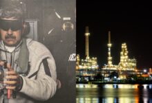 Split image showing a blindfolded and handcuffed Nicolas Maduro holding a water bottle on the left, and a brightly lit oil refinery at night on the right.